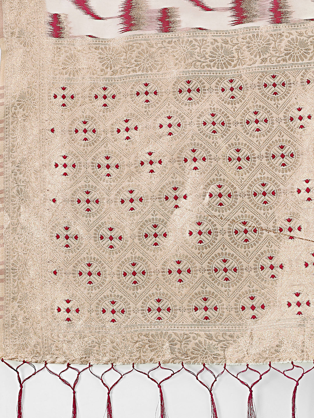 Astita Elegant Beige & Coral Linen Saree with Zari Border and Abstract Pattern – Premium Festive & Office Wear