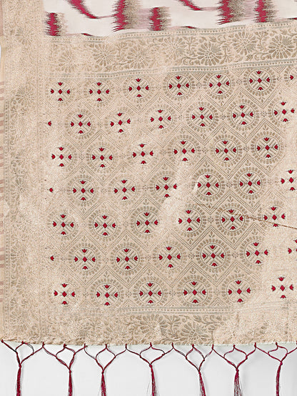 Astita Elegant Beige & Coral Linen Saree with Zari Border and Abstract Pattern – Premium Festive & Office Wear