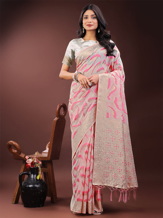 Astita Elegant Beige & Coral Linen Saree with Zari Border and Abstract Pattern – Premium Festive & Office Wear
