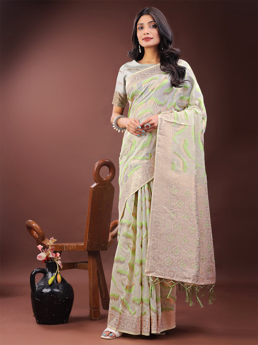 Astita Elegant Beige & Coral Linen Saree with Zari Border and Abstract Pattern – Premium Festive & Office Wear