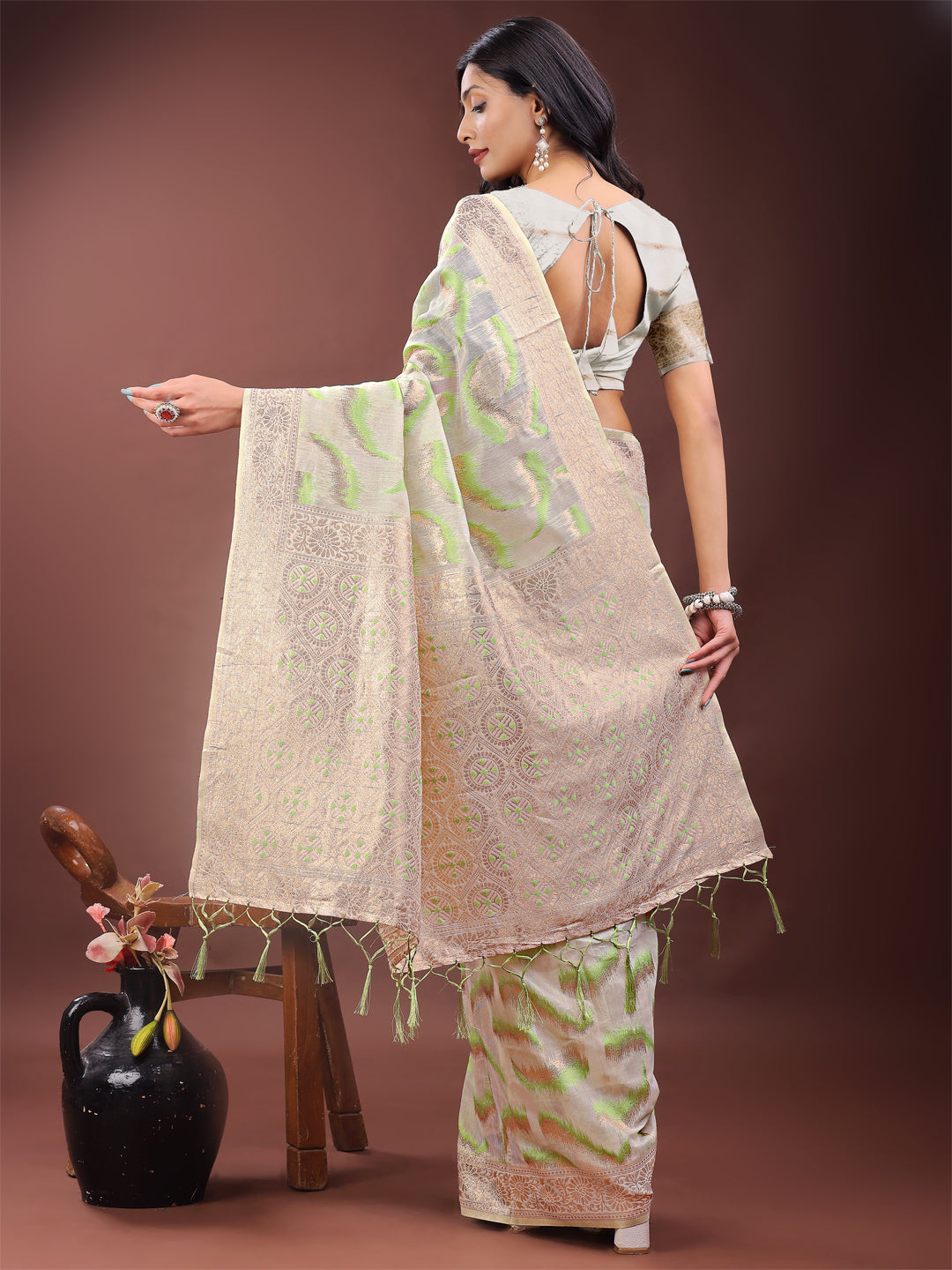 Astita Elegant Beige & Coral Linen Saree with Zari Border and Abstract Pattern – Premium Festive & Office Wear
