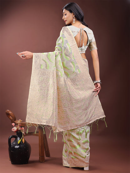 Astita Elegant Beige & Coral Linen Saree with Zari Border and Abstract Pattern – Premium Festive & Office Wear