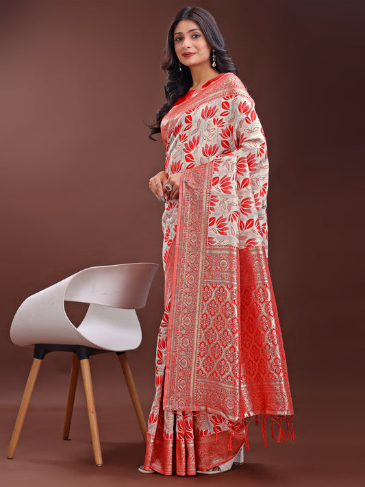 Stunning Beige & Red Linen Saree with Floral Print and Rich Zari Pallu – Festive & Traditional Wear