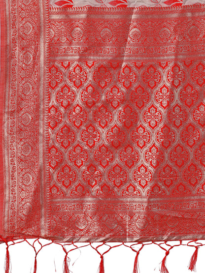 Stunning Beige & Red Linen Saree with Floral Print and Rich Zari Pallu – Festive & Traditional Wear