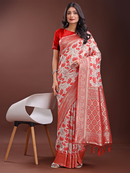 Stunning Beige & Red Linen Saree with Floral Print and Rich Zari Pallu – Festive & Traditional Wear