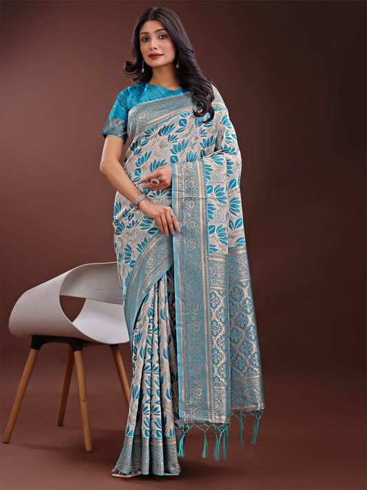 Stunning Beige & Sea Green Linen Saree with Floral Print and Rich Zari Pallu – Festive & Traditional Wear