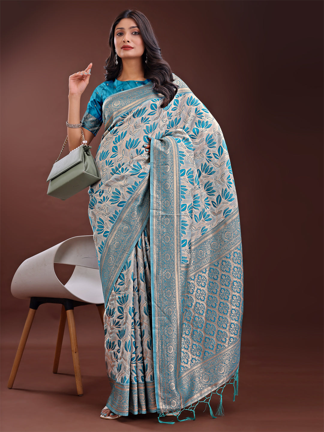 Stunning Beige & Sea Green Linen Saree with Floral Print and Rich Zari Pallu – Festive & Traditional Wear