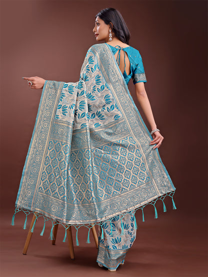 Stunning Beige & Sea Green Linen Saree with Floral Print and Rich Zari Pallu – Festive & Traditional Wear