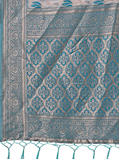 Stunning Beige & Sea Green Linen Saree with Floral Print and Rich Zari Pallu – Festive & Traditional Wear