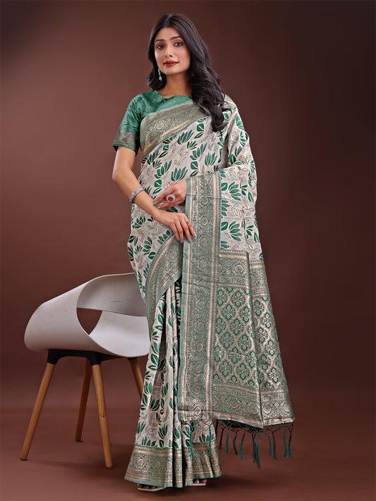 Stunning Beige & Green Linen Saree with Floral Print and Rich Zari Pallu – Festive & Traditional Wear