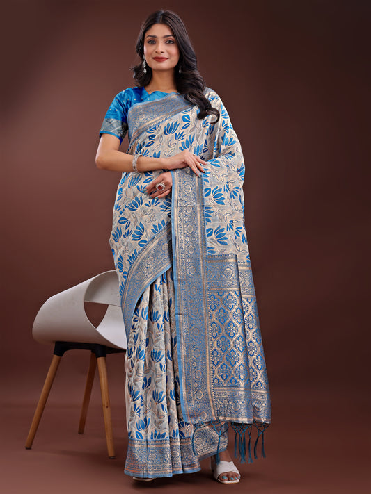 Stunning Beige & Red Linen Saree with Floral Print and Rich Zari Pallu – Festive & Traditional Wear