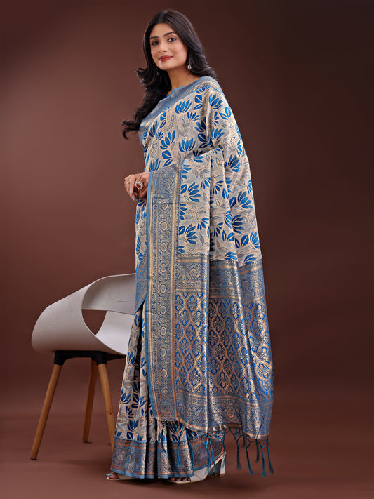 Stunning Beige & Red Linen Saree with Floral Print and Rich Zari Pallu – Festive & Traditional Wear