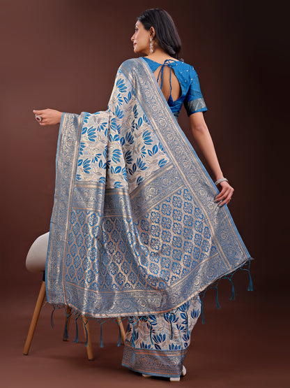 Stunning Beige & Red Linen Saree with Floral Print and Rich Zari Pallu – Festive & Traditional Wear