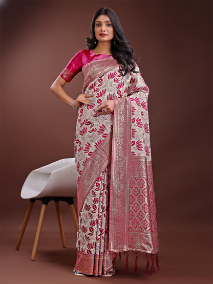 Stunning Beige & Purple Linen Saree with Floral Print and Rich Zari Pallu – Festive & Traditional Wear
