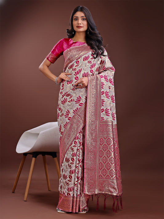 Stunning Beige & Purple Linen Saree with Floral Print and Rich Zari Pallu – Festive & Traditional Wear