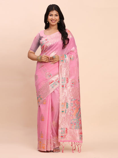 Astita Pink Linen Saree with Multicolor Weaving & Zari Pallu – Elegant & Lightweight for Everyday Grace