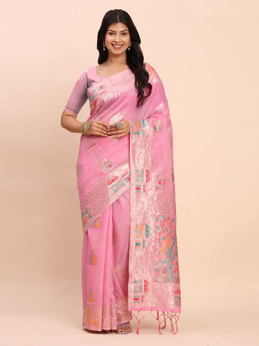 Astita Pink Linen Saree with Multicolor Weaving & Zari Pallu – Elegant & Lightweight for Everyday Grace