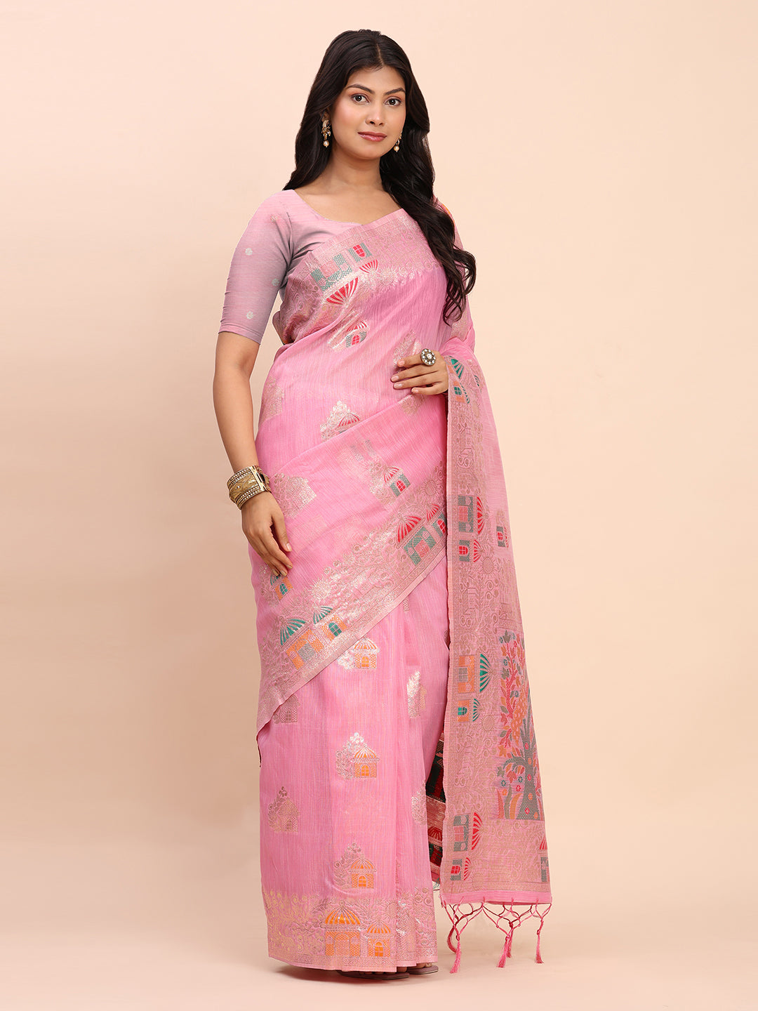 Astita Pink Linen Saree with Multicolor Weaving & Zari Pallu – Elegant & Lightweight for Everyday Grace