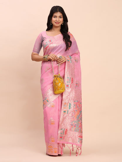 Astita Pink Linen Saree with Multicolor Weaving & Zari Pallu – Elegant & Lightweight for Everyday Grace