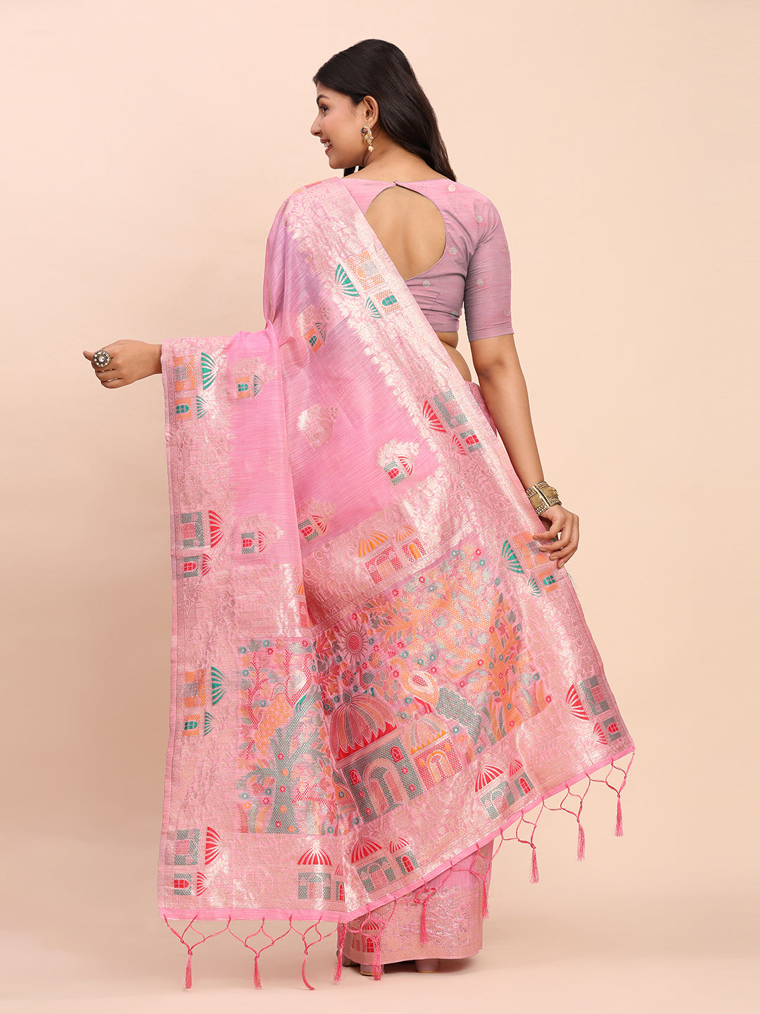 Astita Pink Linen Saree with Multicolor Weaving & Zari Pallu – Elegant & Lightweight for Everyday Grace