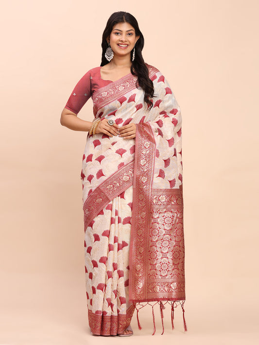 Astita Elegant Off-White & Maroon Linen Cotton Saree with Zari Woven Border and Pallu – Soft Lightweight Saree for Daily, Festive & Office Wear