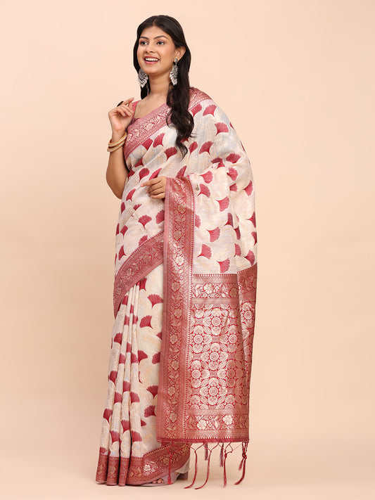 Astita Elegant Off-White & Maroon Linen Cotton Saree with Zari Woven Border and Pallu – Soft Lightweight Saree for Daily, Festive & Office Wear