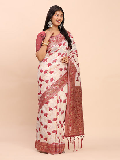 Astita Elegant Off-White & Maroon Linen Cotton Saree with Zari Woven Border and Pallu – Soft Lightweight Saree for Daily, Festive & Office Wear