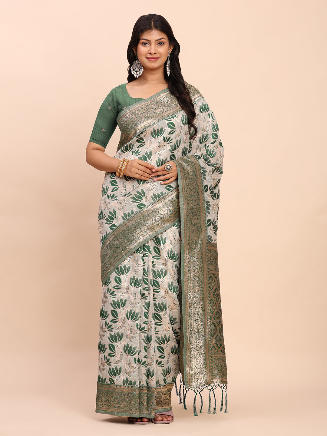Astita Elegant Off-White & Green Linen Cotton Saree with Zari Woven Border and Pallu – Soft Lightweight Saree for Daily, Festive & Office Wear