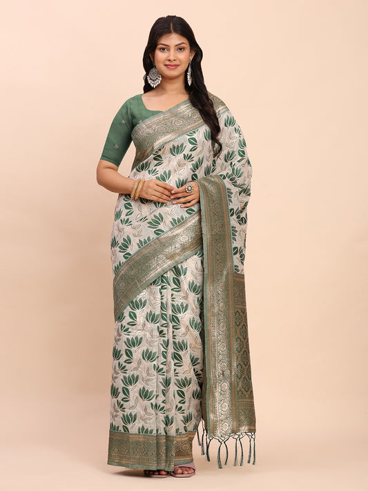 Astita Elegant Off-White & Green Linen Cotton Saree with Zari Woven Border and Pallu – Soft Lightweight Saree for Daily, Festive & Office Wear