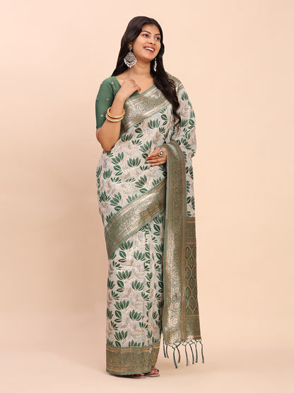 Astita Elegant Off-White & Green Linen Cotton Saree with Zari Woven Border and Pallu – Soft Lightweight Saree for Daily, Festive & Office Wear