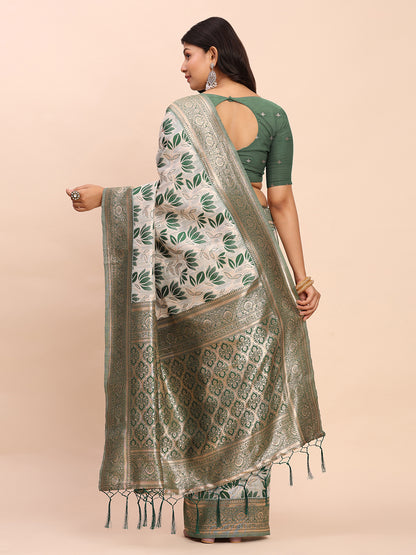 Astita Elegant Off-White & Green Linen Cotton Saree with Zari Woven Border and Pallu – Soft Lightweight Saree for Daily, Festive & Office Wear