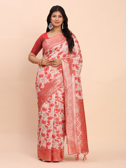 Astita Elegant Off-White & Red Linen Cotton Saree with Zari Woven Border and Pallu – Soft Lightweight Saree for Daily, Festive & Office Wear