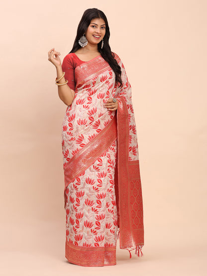 Astita Elegant Off-White & Red Linen Cotton Saree with Zari Woven Border and Pallu – Soft Lightweight Saree for Daily, Festive & Office Wear