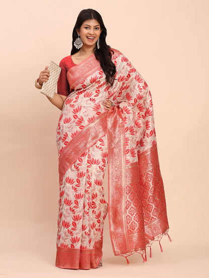 Astita Elegant Off-White & Red Linen Cotton Saree with Zari Woven Border and Pallu – Soft Lightweight Saree for Daily, Festive & Office Wear