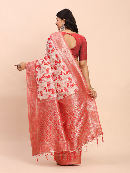 Astita Elegant Off-White & Red Linen Cotton Saree with Zari Woven Border and Pallu – Soft Lightweight Saree for Daily, Festive & Office Wear