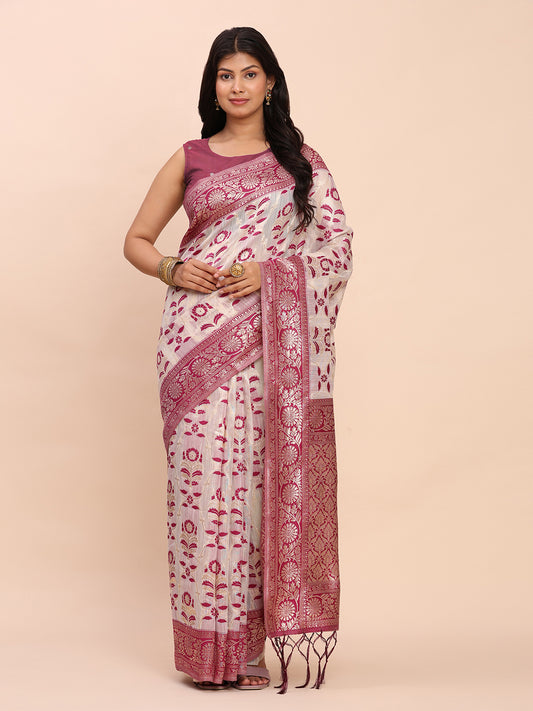 Astita Elegant Off-White & Purple Linen Cotton Saree with Zari Woven Border and Pallu – Soft Lightweight Saree for Daily, Festive & Office Wear