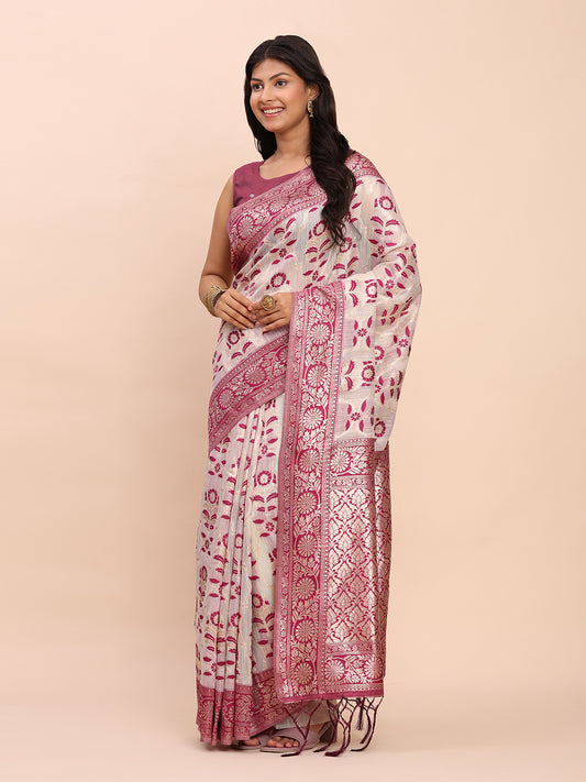 Astita Elegant Off-White & Purple Linen Cotton Saree with Zari Woven Border and Pallu – Soft Lightweight Saree for Daily, Festive & Office Wear