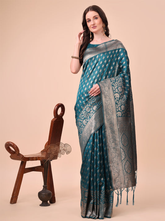 Astita Teal Blue Banarasi Silk Saree with Silver Zari Woven Pallu & Border – Wedding & Festive Wear Elegance