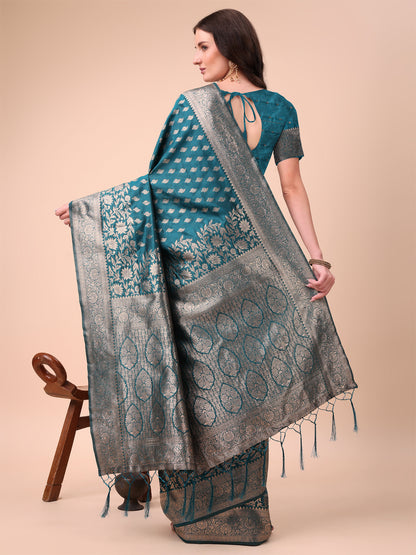 Astita Teal Blue Banarasi Silk Saree with Silver Zari Woven Pallu & Border – Wedding & Festive Wear Elegance