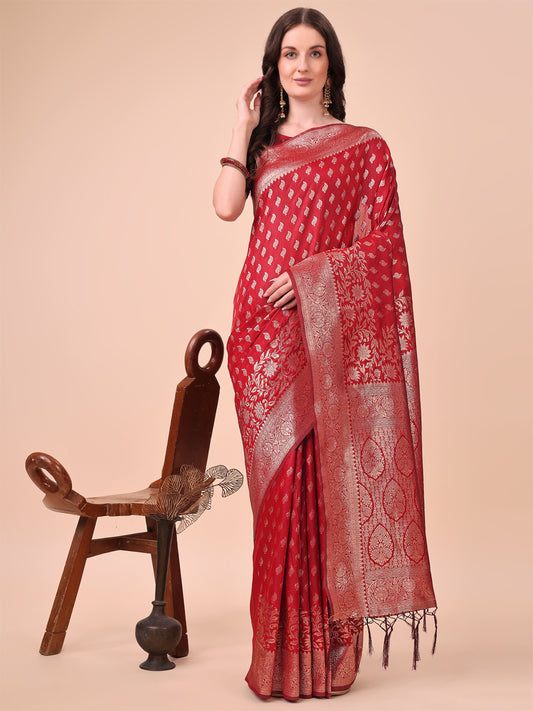 Astita Red Banarasi Silk Saree with Silver Zari Woven Pallu & Border – Wedding & Festive Wear Elegance