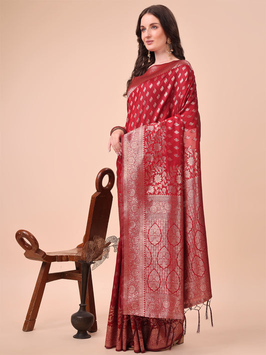 Astita Red Banarasi Silk Saree with Silver Zari Woven Pallu & Border – Wedding & Festive Wear Elegance