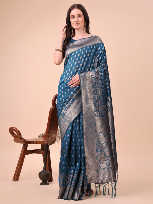 Astita Blue Banarasi Silk Saree with Silver Zari Woven Pallu & Border – Wedding & Festive Wear Elegance