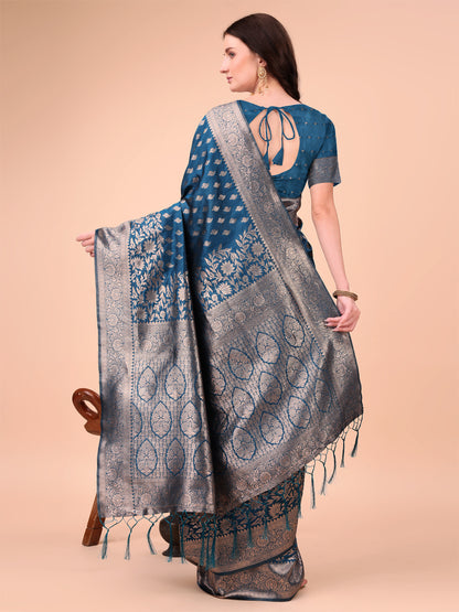 Astita Blue Banarasi Silk Saree with Silver Zari Woven Pallu & Border – Wedding & Festive Wear Elegance