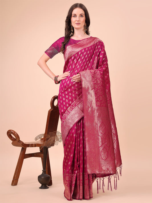 Astita Magenta Banarasi Silk Saree with Silver Zari Woven Pallu & Border – Wedding & Festive Wear Elegance