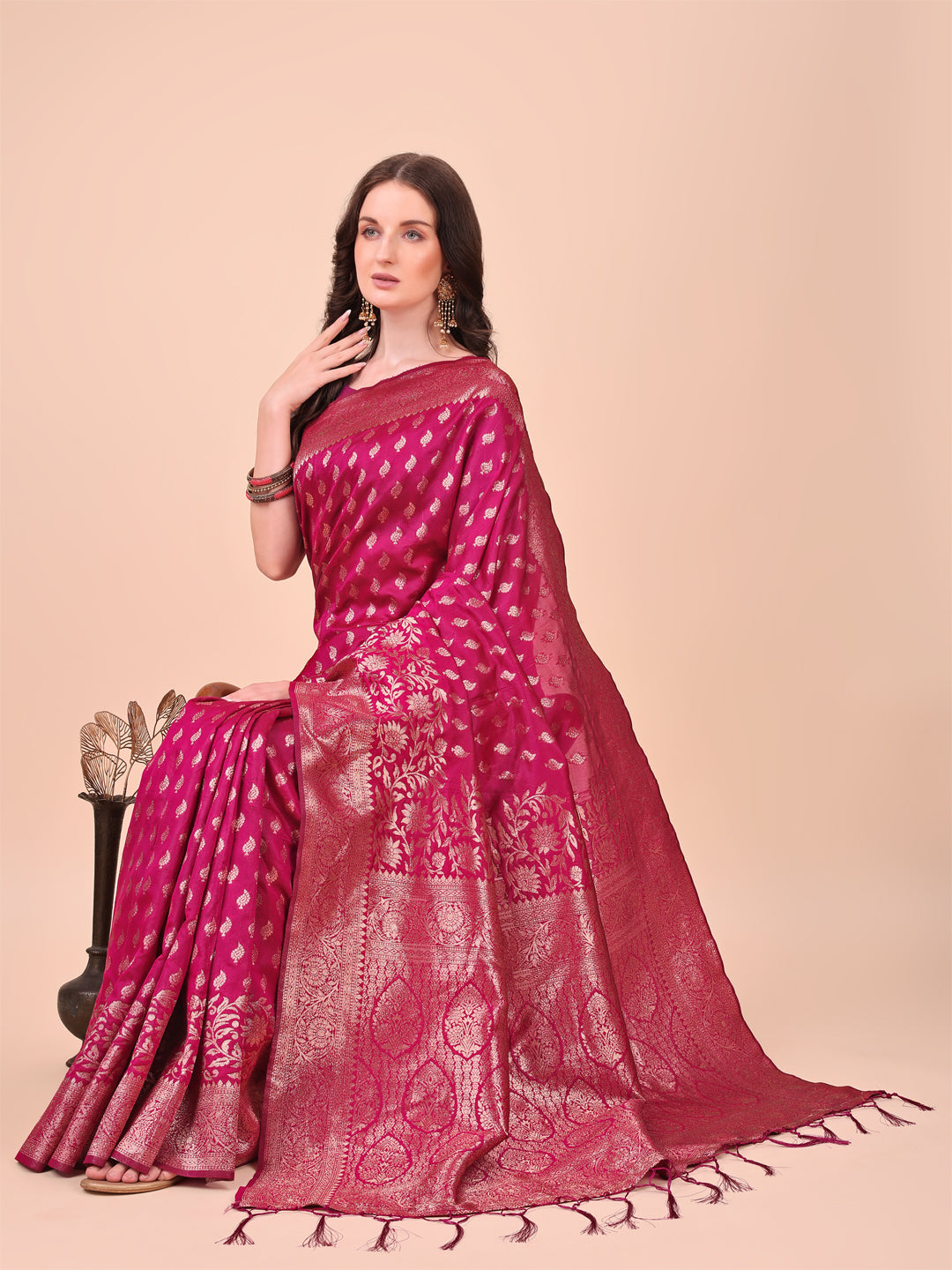 Astita Magenta Banarasi Silk Saree with Silver Zari Woven Pallu & Border – Wedding & Festive Wear Elegance