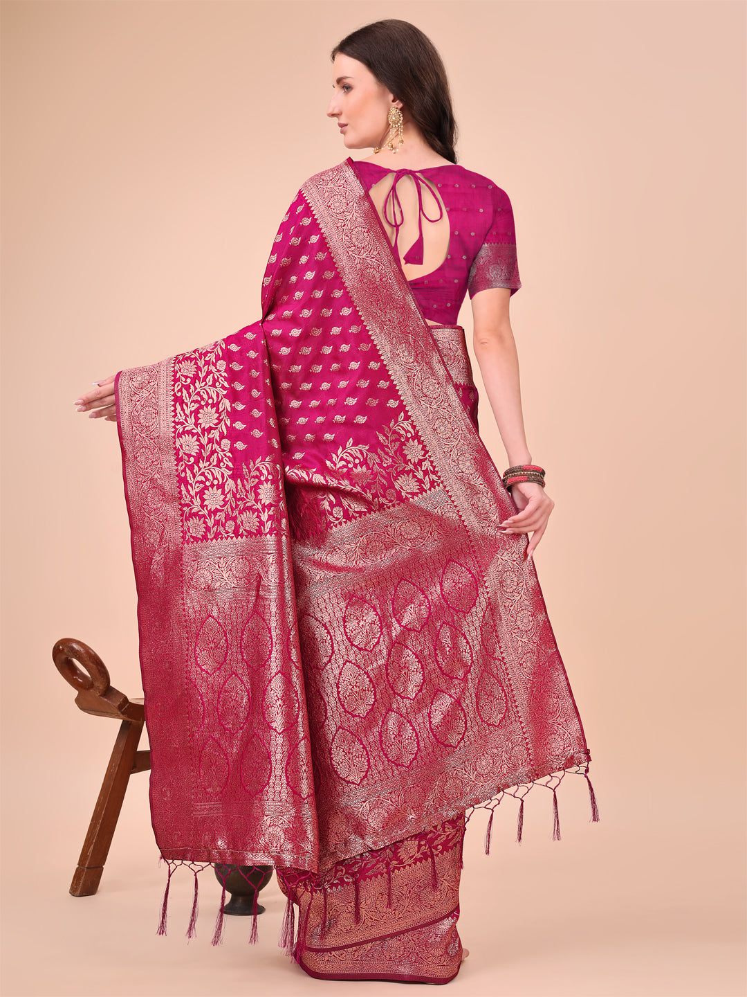 Astita Magenta Banarasi Silk Saree with Silver Zari Woven Pallu & Border – Wedding & Festive Wear Elegance