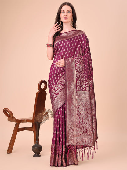 Astita Purple Banarasi Silk Saree with Silver Zari Woven Pallu & Border – Wedding & Festive Wear Elegance