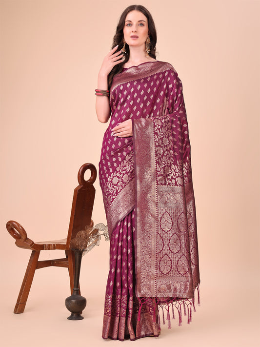 Astita Purple Banarasi Silk Saree with Silver Zari Woven Pallu & Border – Wedding & Festive Wear Elegance