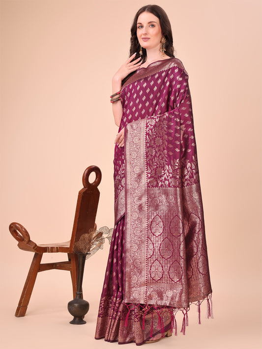 Astita Purple Banarasi Silk Saree with Silver Zari Woven Pallu & Border – Wedding & Festive Wear Elegance