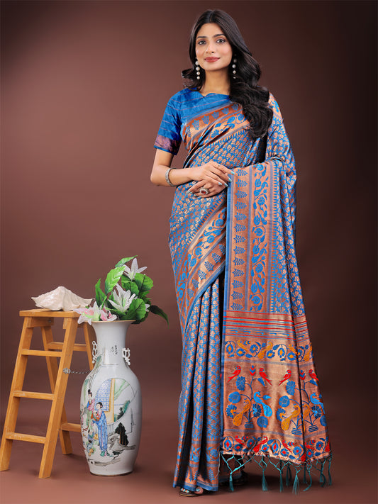 Astita Vibrant Copper & Blue Banarasi Silk Saree with Colorful Pallu – Perfect Blend of Tradition and Festive Elegance